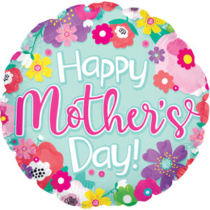 Happy Mothers Day Light Teal & Flowers Air-Filled Stick Balloon