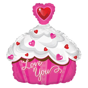 Love You Heart Top Cupcake Shape Air-Filled Stick Balloon