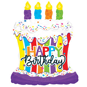 Happy Birthday Striped Cake Air-Filled Stick Balloon