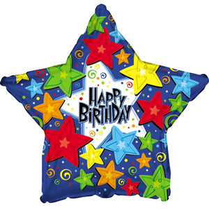 Happy Birthday Primary Color Stars Air-Filled Stick Balloon