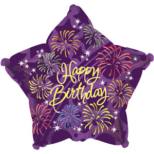 Purple Happy Birthday Fireworks Air-Filled Stick Balloon